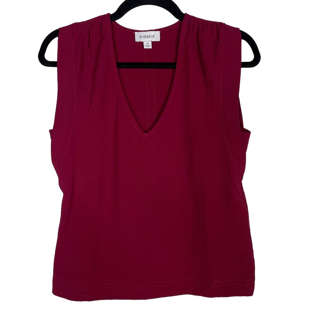 Evereve XSmall XS Raspberry Red Sleeveless V Neck Blouse Top Cinched Shoulder